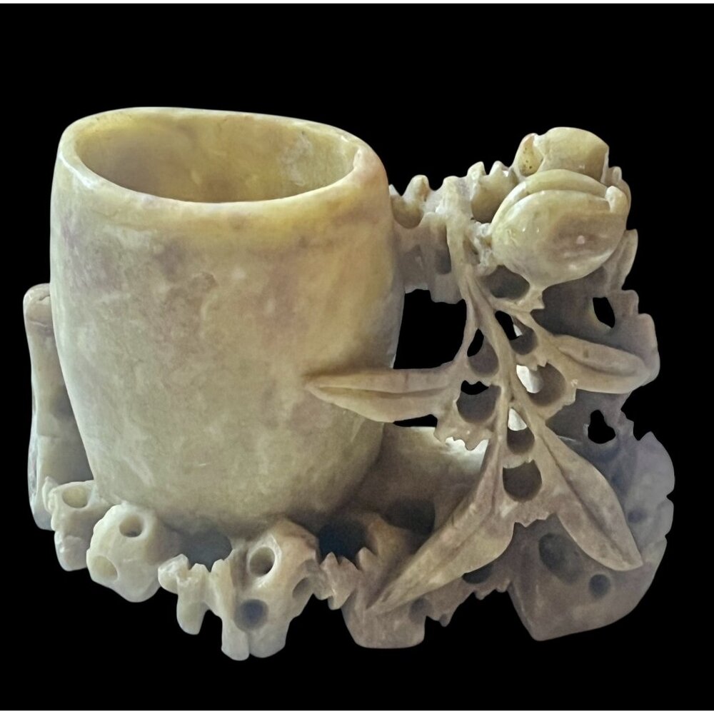 Antique Carved Soapstone Brush Pot Intricate Floral & Nature Design 2.25” T Gift